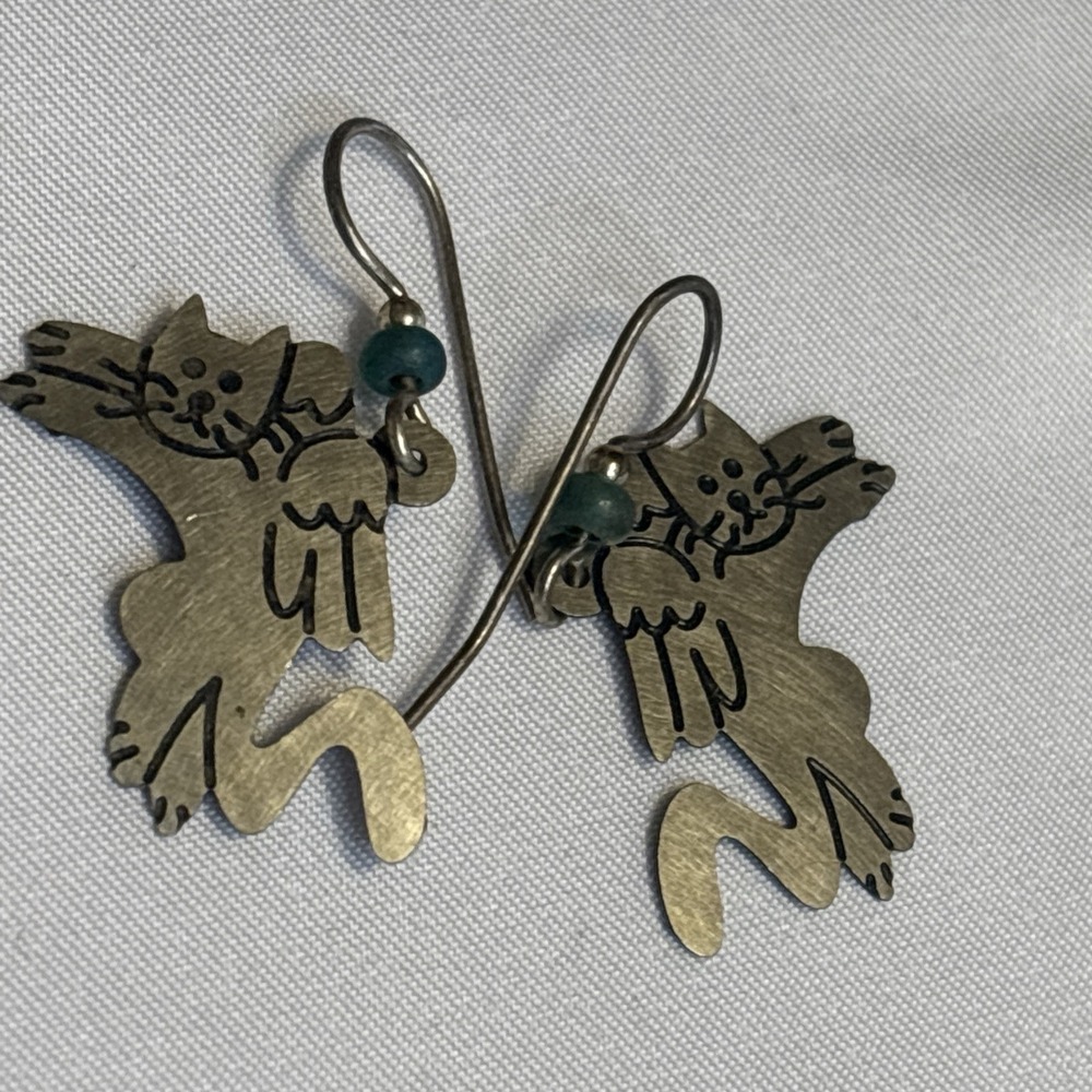 Vintage Cat Dangle Earrings Brass Whimsical Animal Jewelry Cute